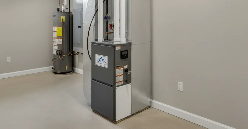 HVAC unit and water heater installed in a clean basement with exposed pipes and ducts